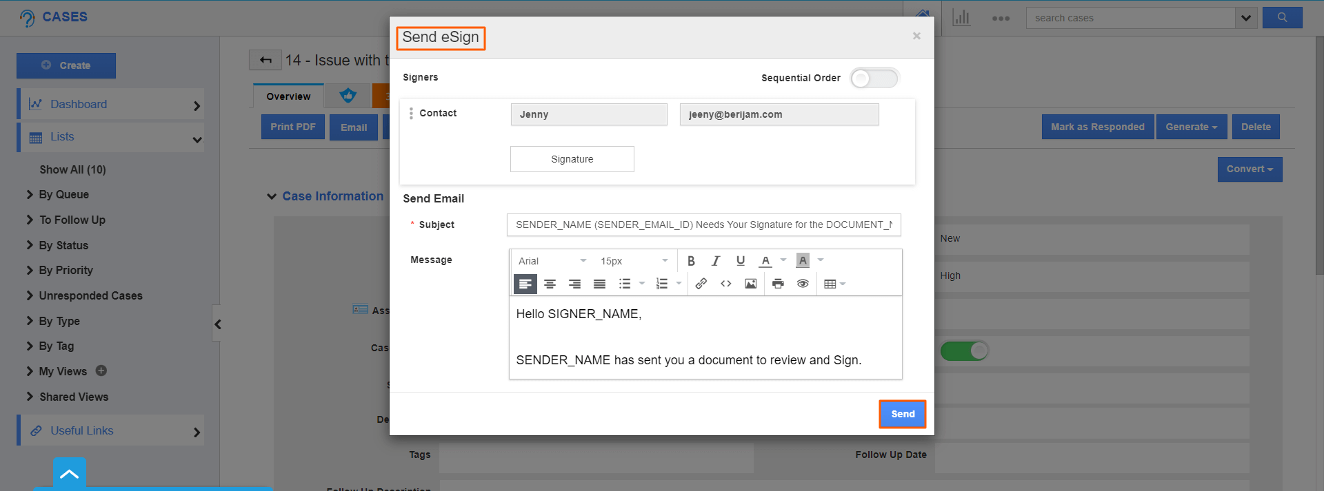 Cases-Send eSign popup.png Cases - Send Esign popup